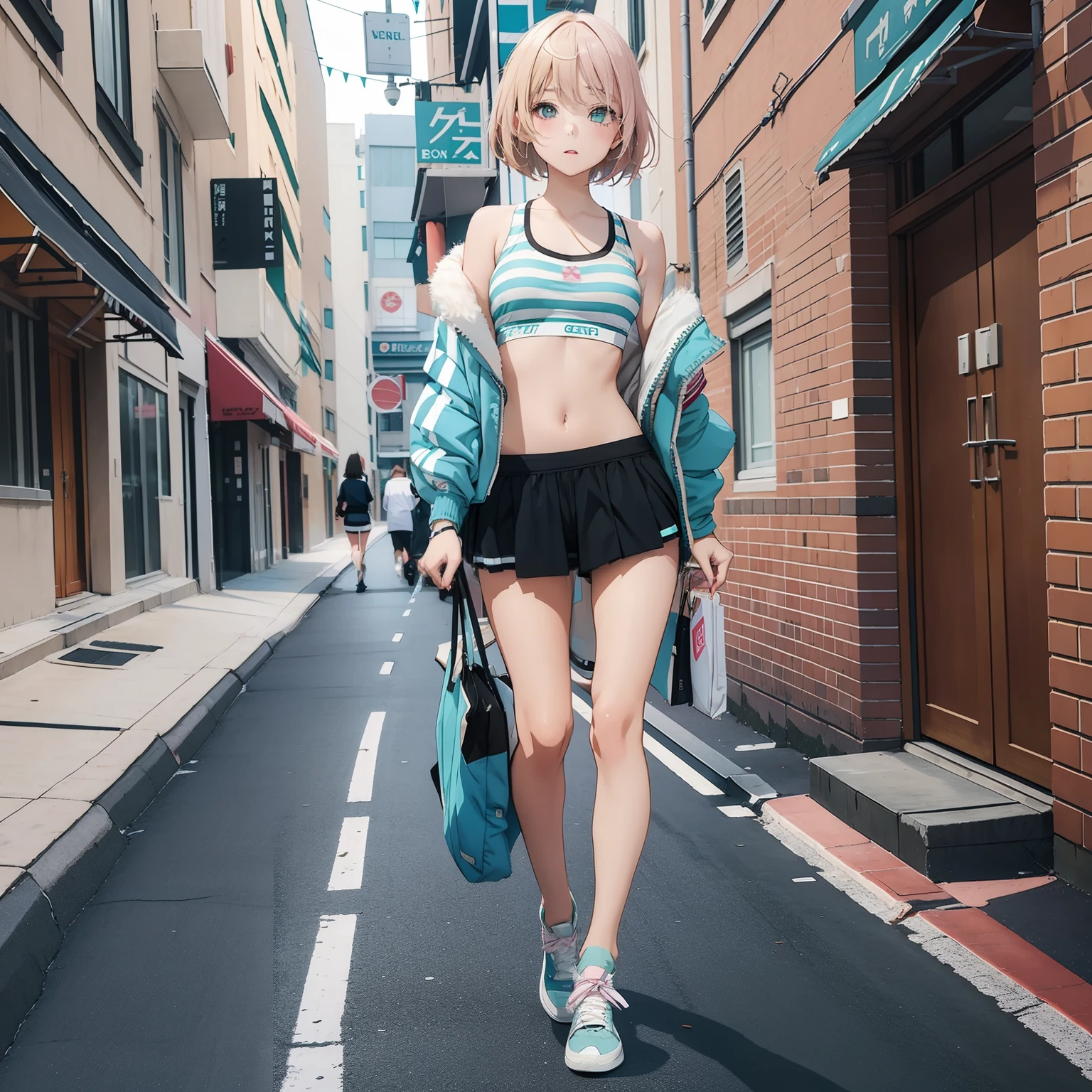 (masterpiece), (1girl, solo, alone:1.1), beautiful anime girl, street, sexy, long legs, short hair
make up, blush, aqua, sneakers, 1girl, pantyhose, striped sports bra, sexy