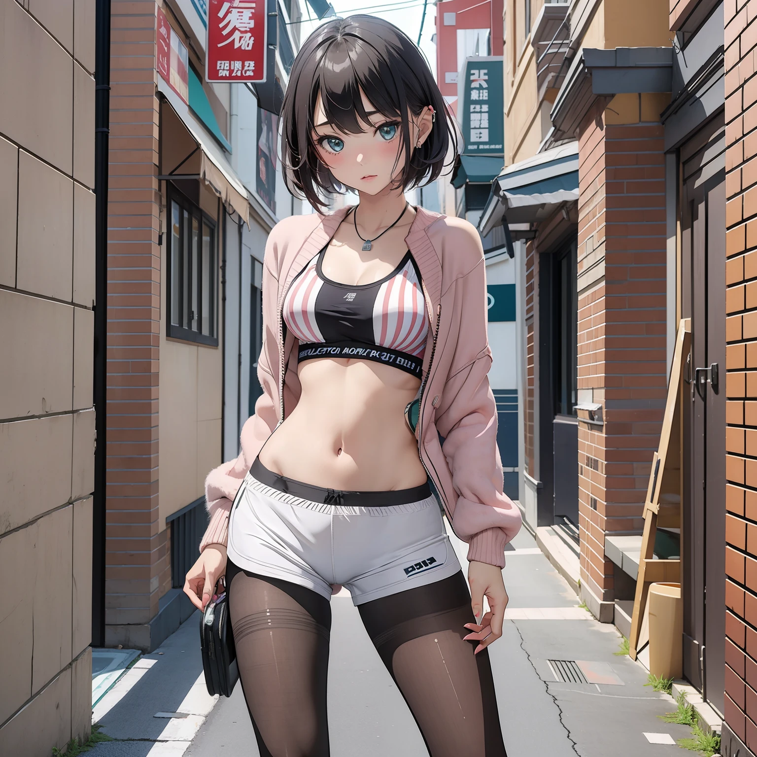 (masterpiece), (1girl, solo, alone:1.1), beautiful anime girl, street, sexy, long legs, short hair
make up, blush, aqua, sneakers, 1girl, pantyhose, striped sports bra, sexy