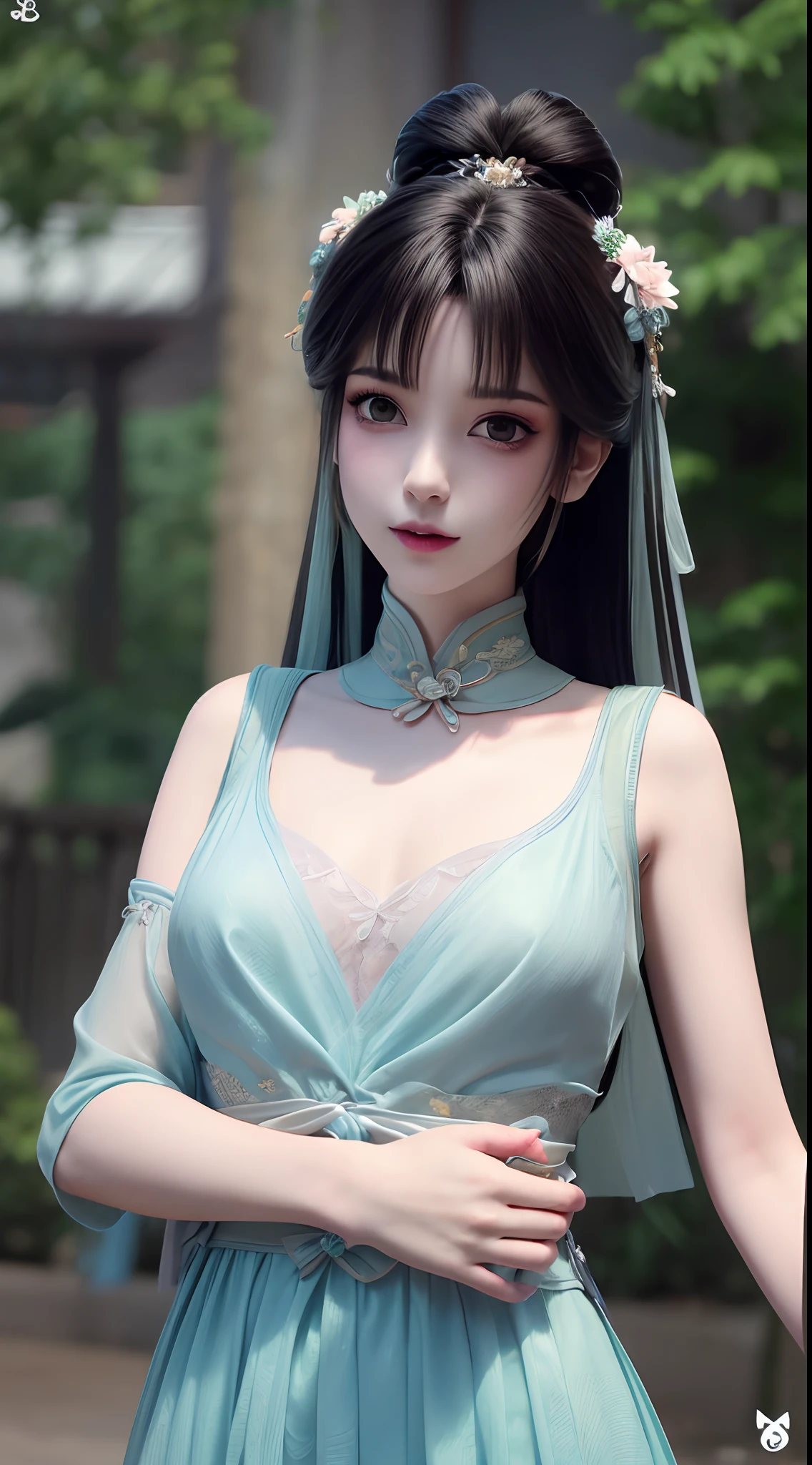 1 beautiful and cute realistic girl, tender young girl, waist length hair, long black hair with a hint of blue, light blue eyes, wearing a long, thin, blue dress with a hanfu style, ((blue dress with white lace border covering the girl's cleavage:0.8)), style hanfu, wearing a thin silk shirt of ancient China, pink and smooth white skin, wearing a discreet ancient style ao dai, appears shoulders and head in the photo,cute little face, eye bags under wet makeup, plump red lips, pout, ((closed mouth:1.0)), balanced incisors, embarrassed, small face makeup detailed and very beautifull, The breasts are super round and tight, breast augmentation, blum boobs, ((cover the girl's chest with a camisole inside:1.2)), blush, from front, wear earrings, necklaces, from above, looking at viewer, upturned eyes, full body, masterpiece, top quality, best quality, official art, unity 8k wallpaper, highres, ultra-high res, ultra-detailed, (photorealistic:1.2), alone, solo, Only 1 girl, style hanfu Dunhuang, 10x pixels, super realistic, ultra high quality, full body view of the girl, upper body,