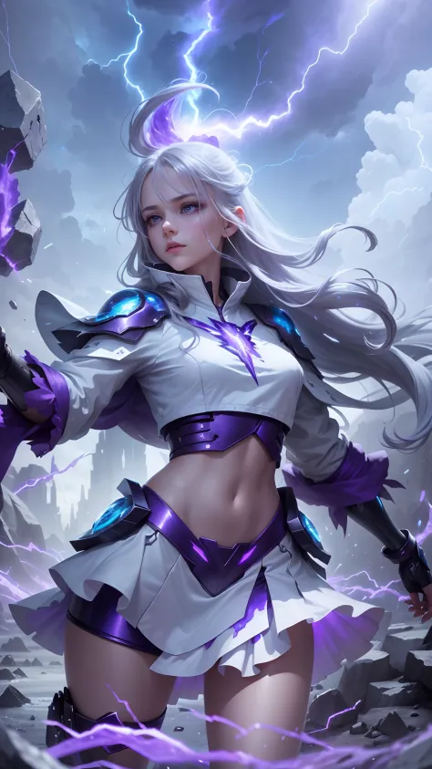 A girl, shiny silver hair, extra-long hair, delicate face, delicate eyes, icy environment, blue-purple environment, surrounded by many blue-purple lightning bolts, explosive lightning elements floating in front of the body, dreamy, mysterious, 8k, full bod...