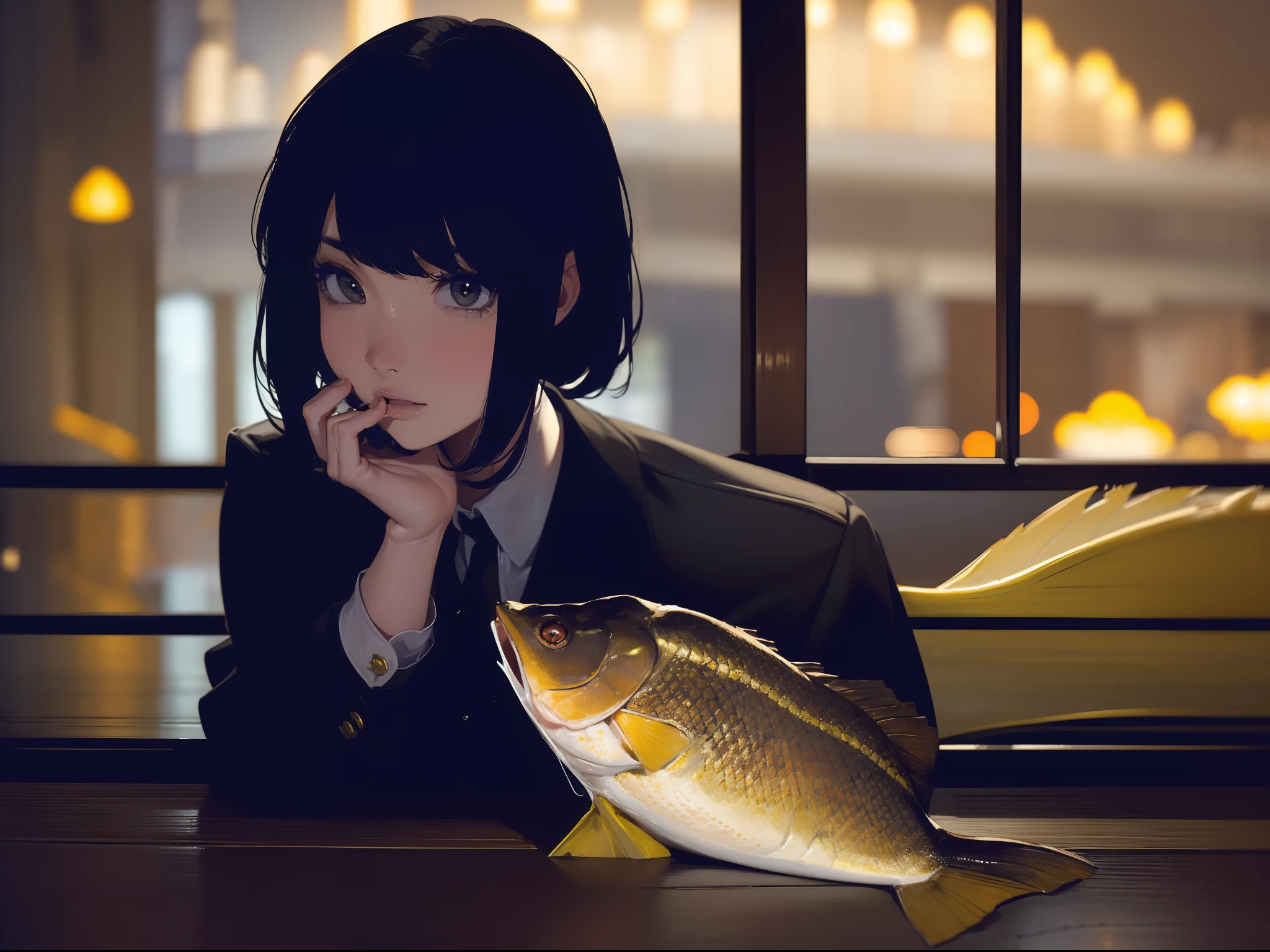 ((((Catch big fish by the lakeside)))),((Best Quality, masutepiece :1.3)),((( Large Mouth Bass))),hight resolution,ultra-detailliert,Beauty and aesthetics,​masterpiece,best qualtiy,(1 Japanese 22 years old woman),Black hair, long eyeslashes, Solid Circle Eyes, deadpan, drop shadow, Atmospheric perspective,Super Detail, ccurate, small brest,(Black jacket :1.1),top-quality, absurderes:1.2, blurry backround, bokeh dof:1.2, a picture, (​masterpiece:1.3), (intricate detailes:1.2), Atmospheric perspective,Super Detail, ccurate,