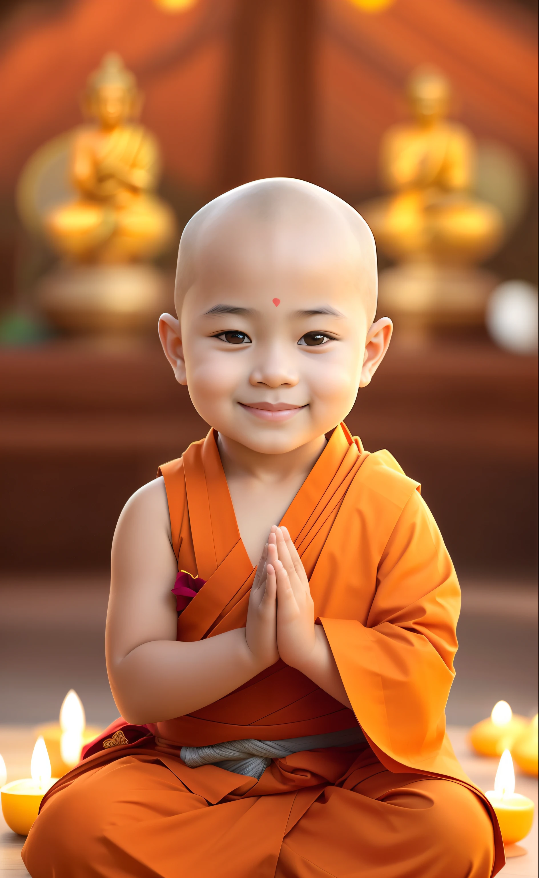 a close up of a  sitting in a meditation position, Buddhist, buddhist monk, Buddhism, monk clothes, a serene smile, monk, monk meditation, screensaver, kiddy big breasts, cute cute, nivanh chanthara, Cute boy, Happy kids, personal profile picture, Serene expression, Innocent smile, beautiful lovely, cute beautiful, peace, lovely digital painting, Thai