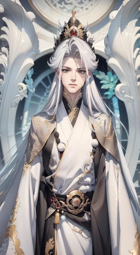 Silver hair, Very long hair,kanzashi, forehead mark, Gradient eyes, face drawn and pale, Lonely, White dragon robe, China-style,...