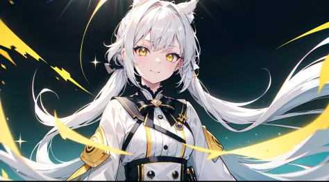 white hair, big hair, split ponytail, hair bow, yellow eyes, tsundere, light smile, sparkle, chromatic aberration, ray tracing, ...