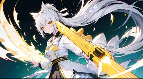 white hair, big hair, split ponytail, hair bow, yellow eyes, tsundere, light smile, sparkle, chromatic aberration, ray tracing, ...