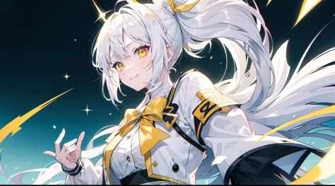 white hair, big hair, split ponytail, hair bow, yellow eyes, tsundere, light smile, sparkle, chromatic aberration, ray tracing, ...