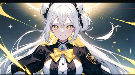 white hair, big hair, split ponytail, hair bow, yellow eyes, tsundere, light smile, sparkle, chromatic aberration, ray tracing, ...