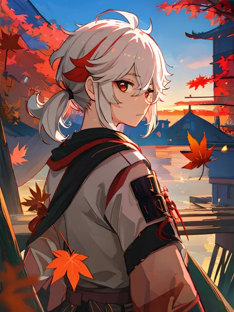 Sunset, maple leaves falling, white hair, a strand of red hair, Japanese samurai costume, Shinkai Makoto style sky, looking back...
