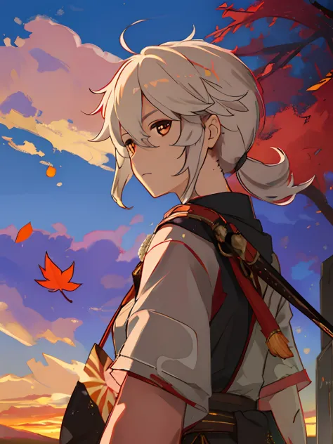 Sunset, maple leaves falling, white hair, a strand of red hair, Japanese samurai costume, Shinkai Makoto style sky, looking back...
