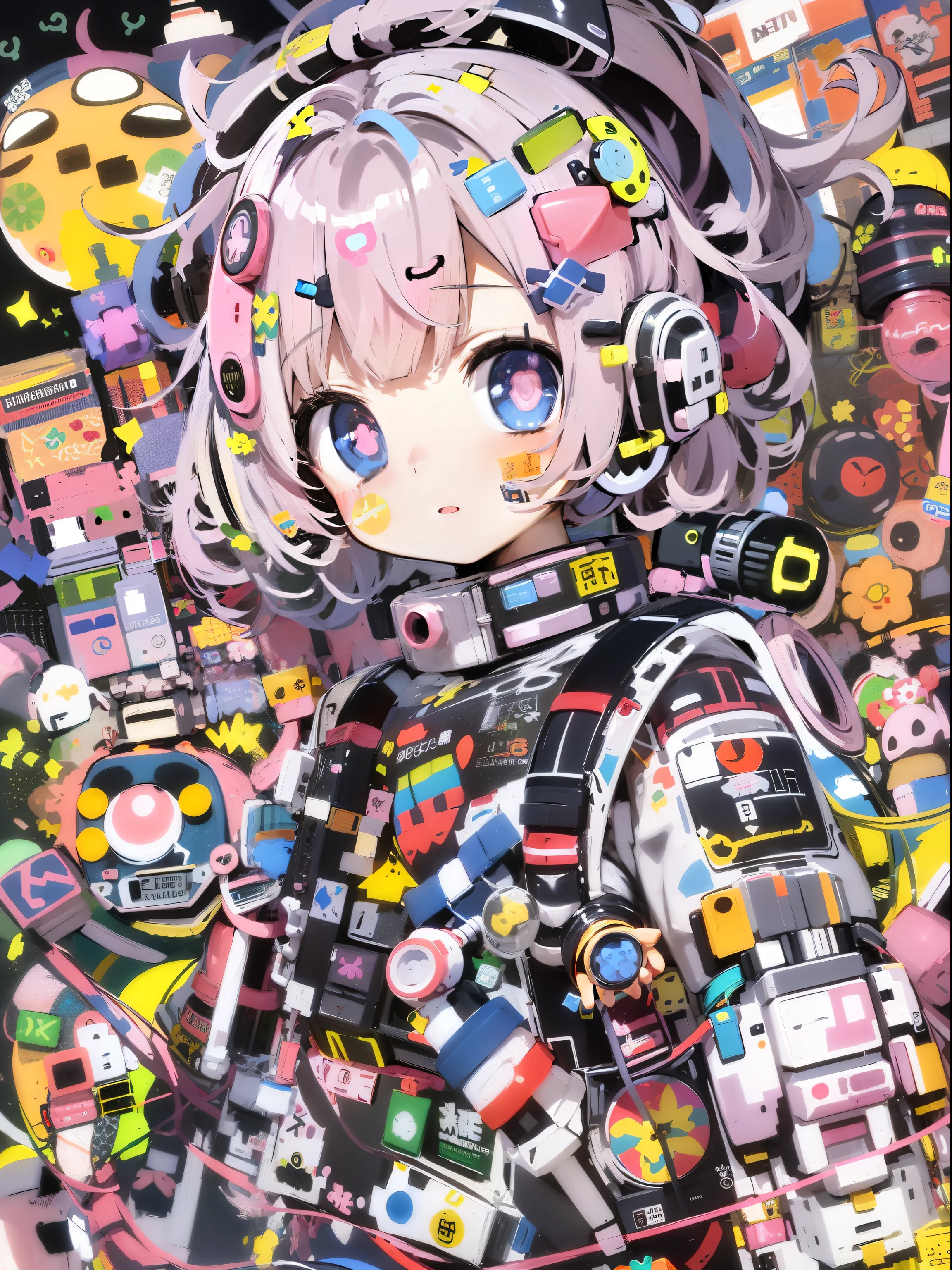 Anime Mädchen with a lot of stickers on her head, Decora inspiriert illustrations, bestes Anime 4k Konachan-Hintergrundbild, Anime-Roboter gemischt mit Bio, vollrobotergesteuert!! Mädchen, Anime Manga Roboter!! anime Frau, portrait anime space cadet Mädchen, verträumter psychedelischer Anime, Anime-Mecha-Ästhetik, Robotermädchen, Splash Art Anime , Decora inspiriert, hyper bunt
