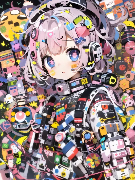Anime girl with a lot of stickers on her head, decora inspired illustrations, best anime 4k konachan wallpaper, anime robotic mi...