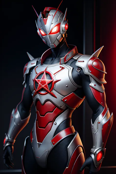 tmasterpiece，Best quality at best，A high resolution，realisticlying，The upper part of the body，
1boys，s Ultraman，Red five-pointed...