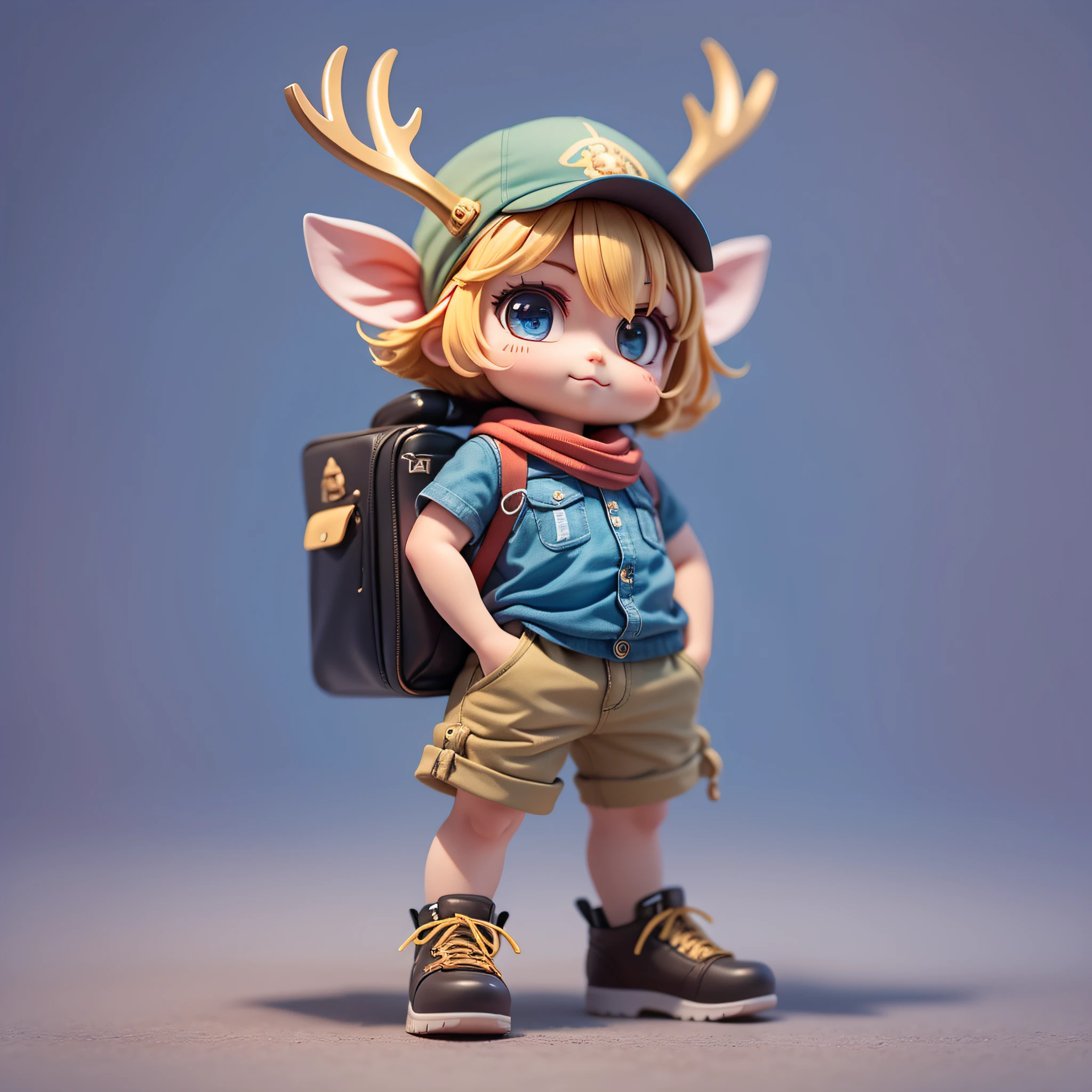 杰作，最好的品质，很多细节，(全身:1.2)，戴着麋鹿形帽子的超级可爱男孩，头顶有一对鹿角，可爱的鹿角，穿蓝色衬衫、红色头巾和卡其色短裤，科技元素，时尚的衣服，大眼睛，微笑，3D渲染，Q 版画风格，简化 3D/C4D制作：8K 高清画质/照亮/超精细镜头描绘1.5，完美无瑕，赤壁背景/电影感