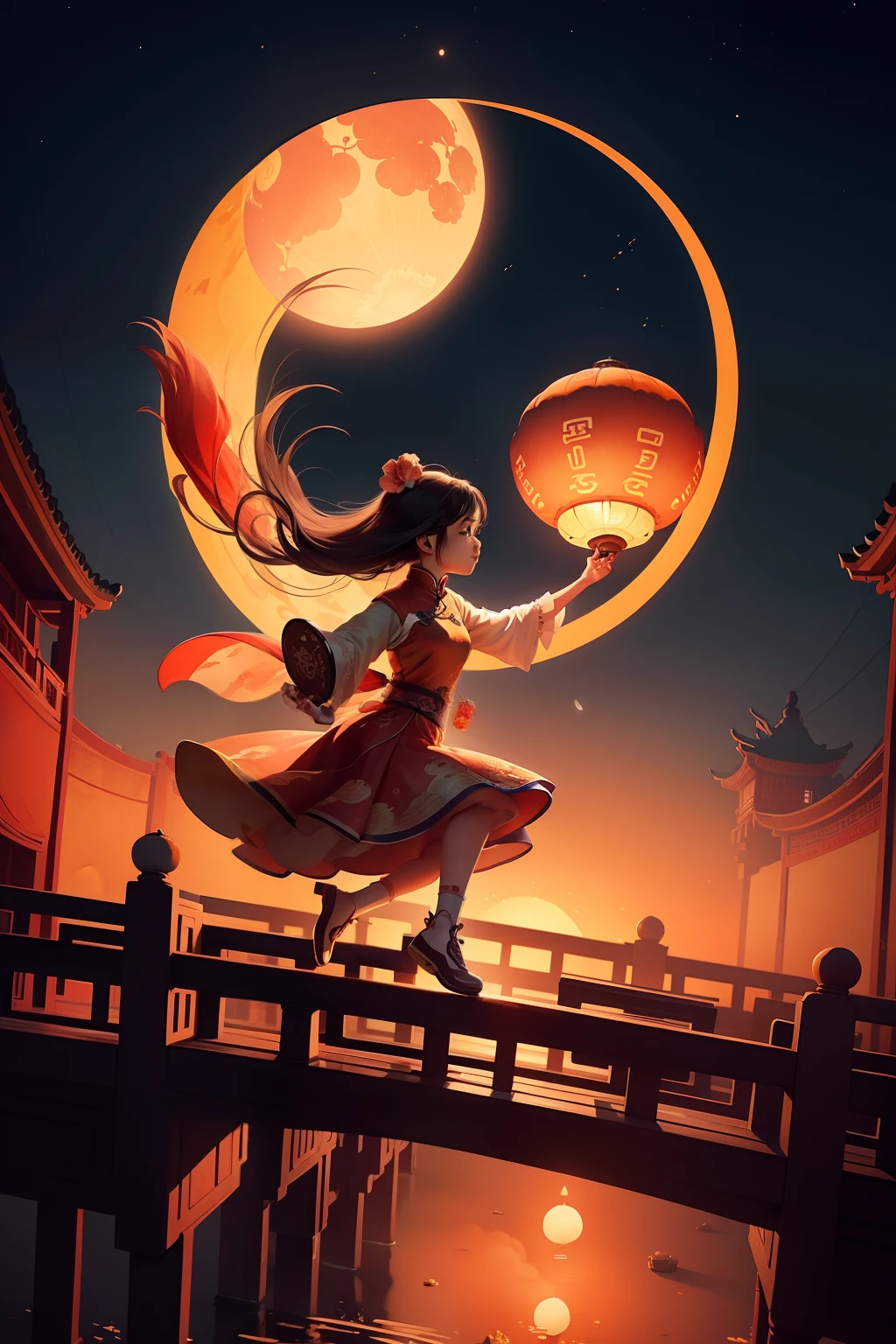 Mid-Autumn Festival poster，Mid-Autumn Mooncake depicts a gorgeous scene of a girl flying over a bridge in the setting sun，Vibrant and artistic，Painted illustration style It combines the styles of Chinese style painting and ancient Chinese art