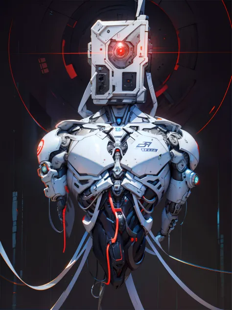 White male robot, Cyclops, Biomechanicals，complex robot，Fully grow，hyper realisitc，Crazy little details，extremely clean lines，cyberpunk aesthetics，masterpiece featured on Zbrush Central, futobot， cyborg people， 1boy， （Cybernetics implanted in the eye）， （Cy...