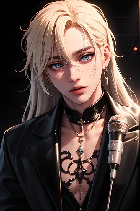 Male idol ((singer)) dancing, long white hair, wearing a gothic style tattered cropped jacket, leather holographic pants, blue eyes, 1boy, microphone, digital illustration, centered, approaching perfection, dynamic, highly detailed textures, 8k resolution,...