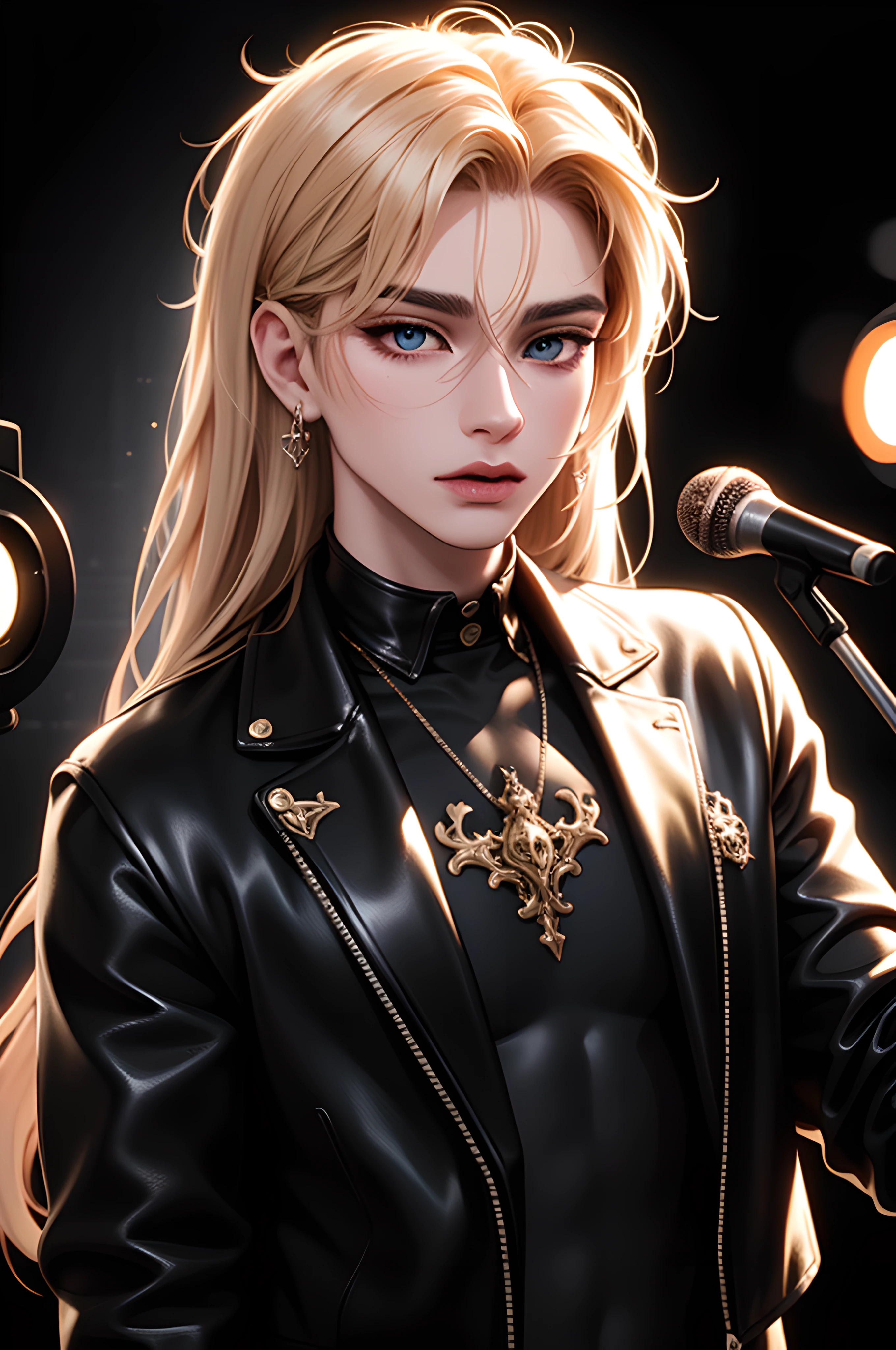 Male idol ((singer)) dancing, long white hair, wearing a gothic style tattered cropped jacket, leather holographic pants, blue eyes, 1boy, microphone, digital illustration, centered, approaching perfection, dynamic, highly detailed textures, 8k resolution, watercolor painting, artstation, concept art, smooth, sharp focus, art by wlop and ross tran, stage lights background, red and gold tetradic colors