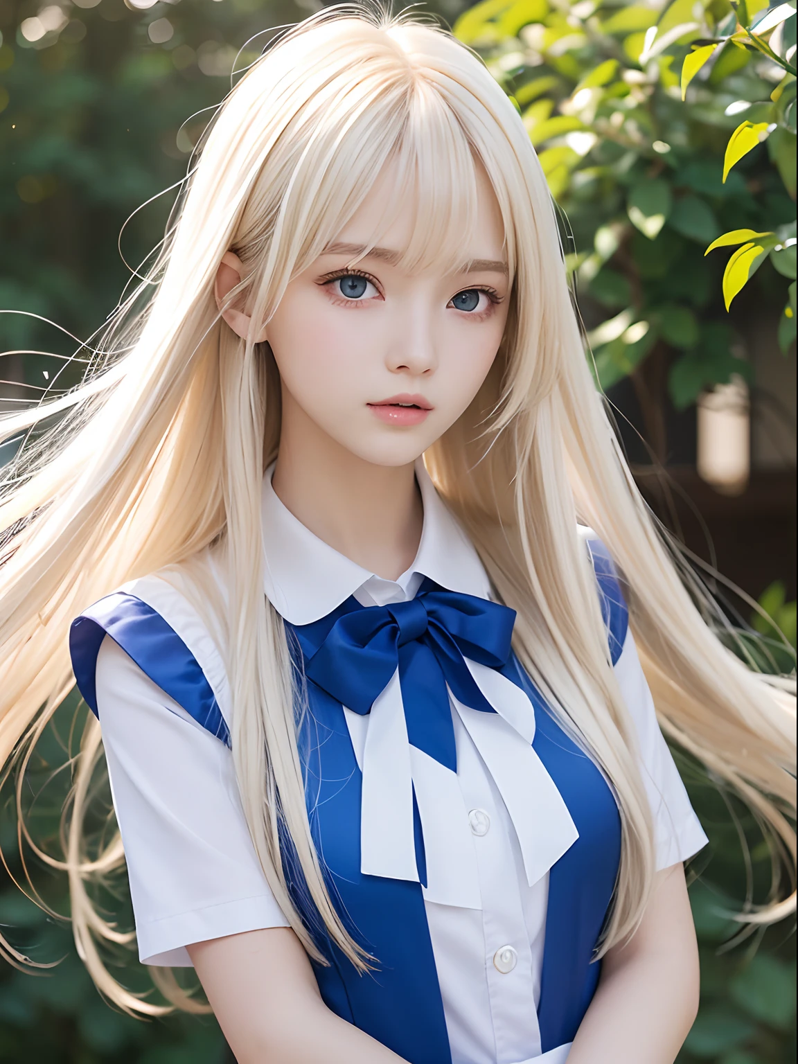 Single girl, school uniform, blue sky, bright and very beautiful face, young and shiny white shiny skin, best good looks, blonde hair with dazzling reflection of light, beautiful platinum blonde super long silky straight hair shiny shiny, long bangs, tremendously beautiful , big eyes that shine transparent light blue, beautiful wonderful beautiful girl