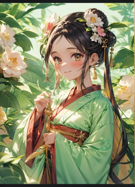 Movie Angle，（Cute girls，anatomy correct，full bodyesbian，Masterpiece camellia，Representative works Hanfu，ssmile），（illustratio，pap...