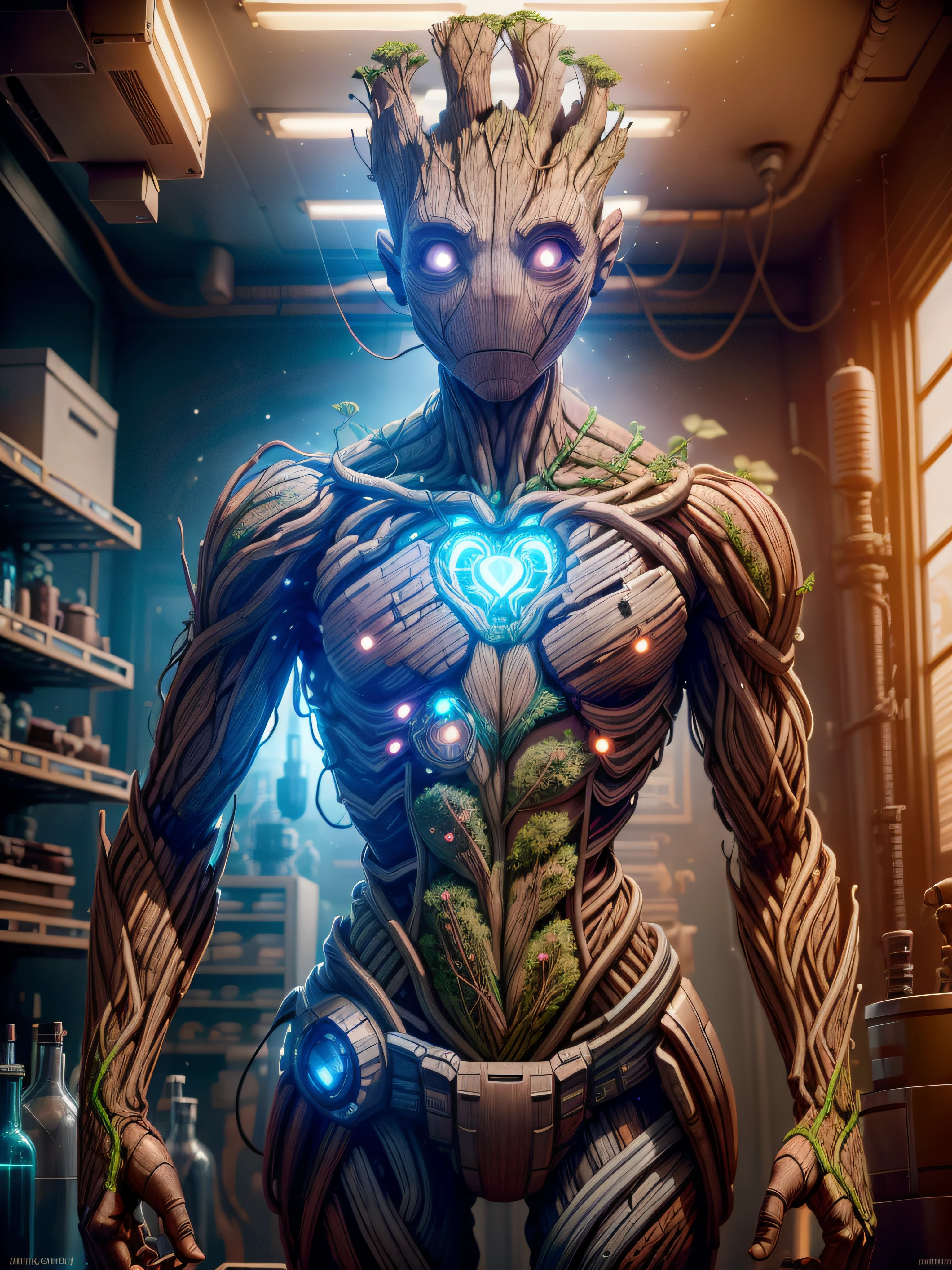 ((perfect male Groot)), anatomical robotic body, in lab, 8k, RAW photo, best quality, masterpiece, high detail RAW color photo, dramatic lighting, cinematic lighting, back light, professional lighting