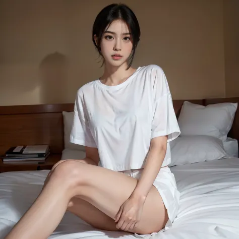 Highest quality, super high resolution, 8K, insta, highly detailed, oversized shirt, white shirt, no pants, over chest shot, virtual girl aim, medium chest, straight hair, short hair, black hair, black eyes, Sitting on the bed with her knees crossed, mouth...