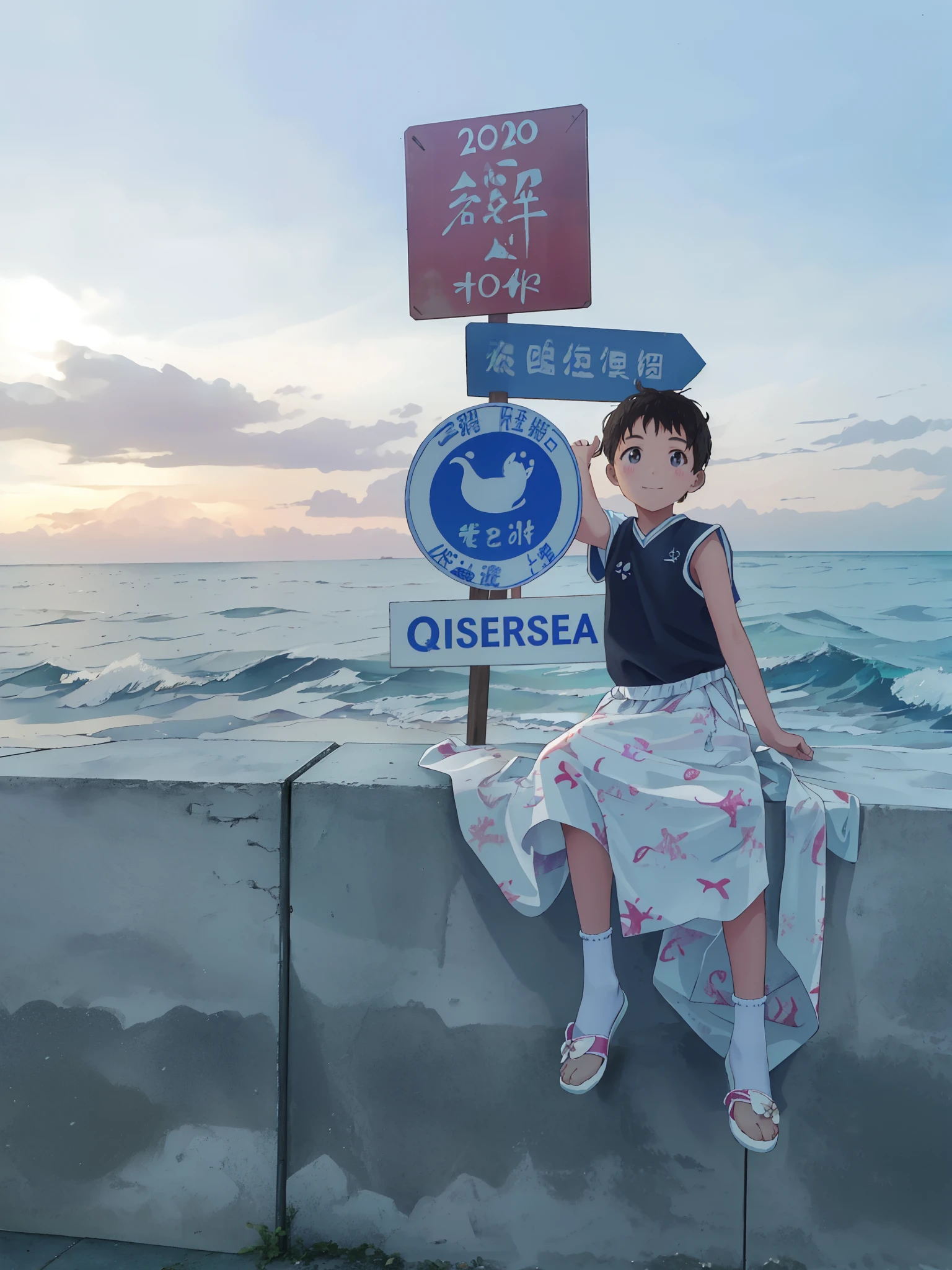 "On the wall by the sea sat a little girl，Wearing Mu Yanling's costume, Queen of the Sea，Have by the sea，The photo was taken on 2020。Someone stood near the beach，We could see the sea，There is also a sea goat next to it。Nearby are rough waves，Chen Xintong also stood by the sea，child，long whitr hair，Pubic area is clear