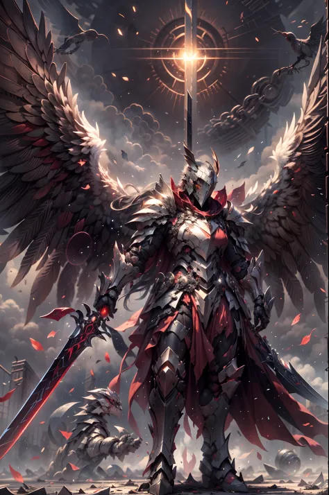 In a realm ravaged by darkness and despair, visualize a scene where a fully armored angelic knight emerges as a beacon of hope. Clad in gleaming armor, the knight stands tall with outstretched wings, exuding an aura of strength and unwavering resolve. Set ...