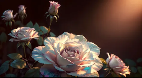 Un arbusto de rosas rosadas fuera de la casa, Beautiful and Aesthetic, rosa suave, beautiful aesthetic, Roses in movie lights, e...
