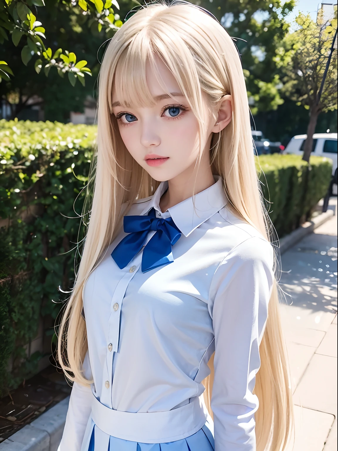 fille célibataire, uniforme scolaire, ciel bleu, Visage lumineux et très beau, peau blanche et brillante, jeune et brillante, meilleur look, Cheveux blonds avec un reflet de lumière éblouissant, belle blonde platine super long cheveux raides soyeux brillant brillant, Longue frange, Incroyablement beau , de grands yeux qui brillent en bleu clair transparent, magnifique, merveilleuse, belle fille