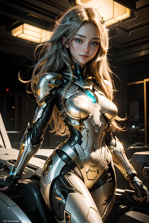 A photorealistic digital portrait of an incredibly beautiful glowing cyborg with gorgeous tresses, mesmerizing eyes, beautiful s...