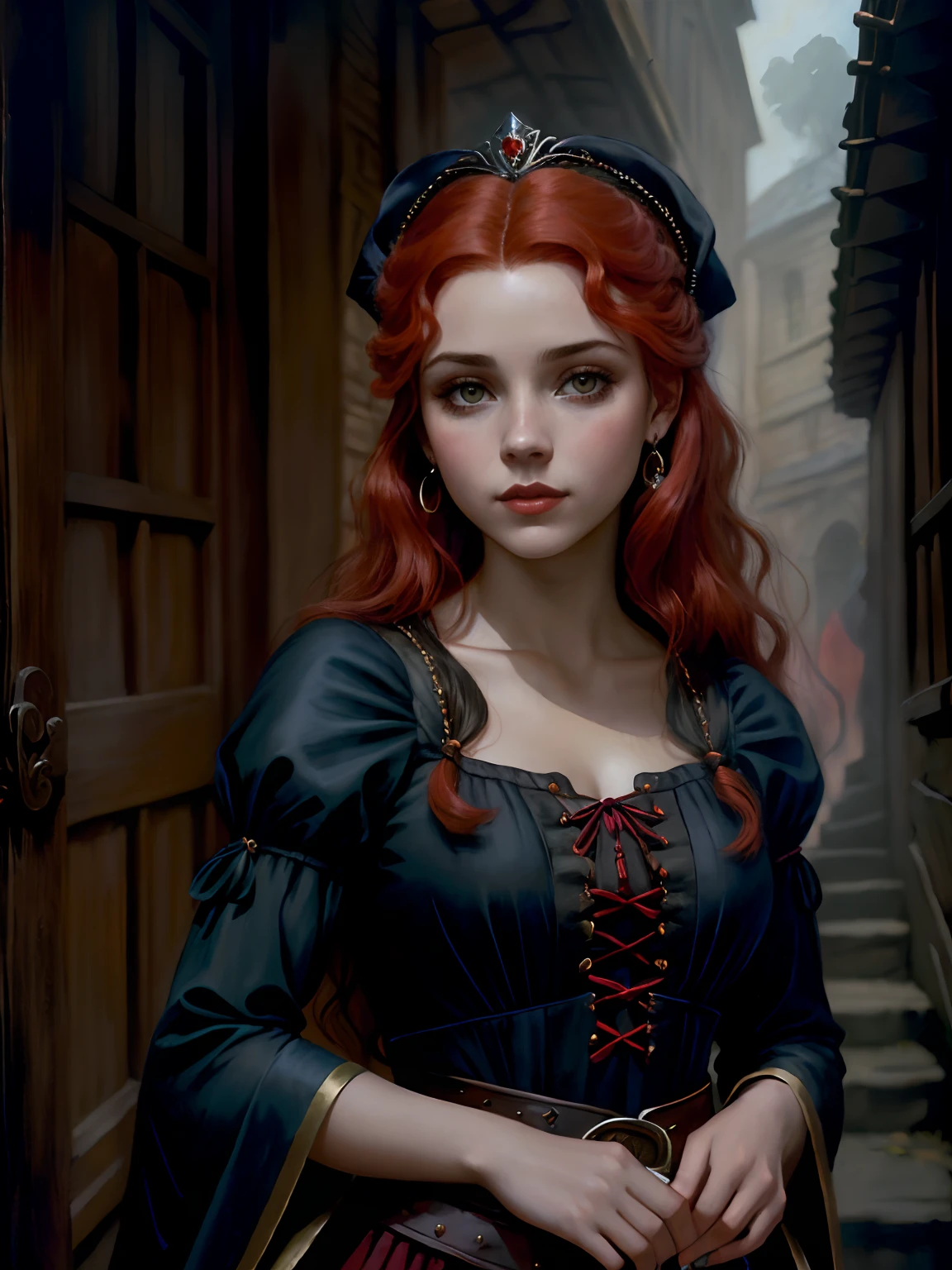 pintura de uma mulher com cabelo vermelho e um estrangulamento em um vestido preto, Estilo de arte de John Collier, Donzela com cabelo de cobre, estilo de Karol Bak, uma jovem ruiva, Retrato de uma jovem bruxa, Estilo de arte não Bowater, Dirigido por: Robert Lenkiewicz, Geraldo Brom, Alberto Lynch, retrato da princesa Mérida, Dave Sim, Menina de cabelos vermelhos em um palácio sombrio, vestido preto e purpura de veludo usando um kokoshnic, vestido luxuoso preto, adorno de cabeça, gargantilha de renda, vestido elegante e nobre, sexy usando um kokoshnik russo em sua cabeça, rosto redondo, bonito, olhar malicioso, princesa maldosa