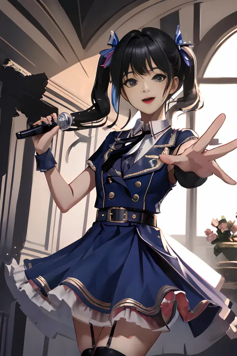 masterpiece, best quality, highres, ts1, white shirt, blue vest, sleeveless, blue thighhighs, blue skirt, waist cape, wrist cuffs, leg ribbon, neck ribbon, midriff, breasts, cowboy shot, on stage, holding microphone, reaching out, smile, open mouth,