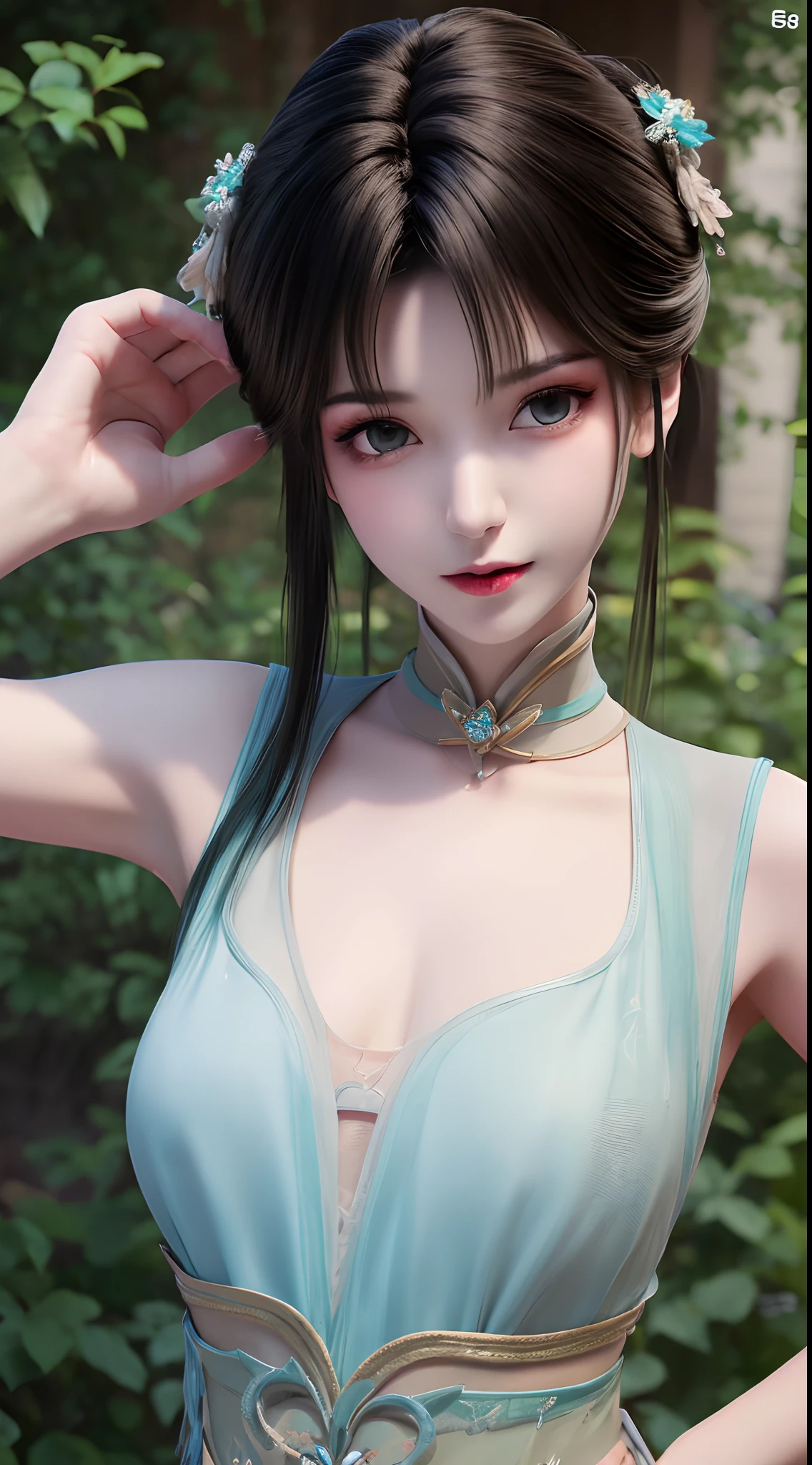 1 beautiful and cute realistic girl, tender young girl, waist length hair, long black hair with a hint of blue, light blue eyes, wearing a long, thin, blue dress with a hanfu style, ((blue dress with white lace border covering the girl's cleavage:0.8)), style hanfu, wearing a thin silk shirt of ancient China, pink and smooth white skin, wearing a discreet ancient style ao dai, appears shoulders and head in the photo,cute little face, eye bags under wet makeup, plump red lips, pout, ((closed mouth:1.0)), balanced incisors, embarrassed, small face makeup detailed and very beautifull, The breasts are super round and tight, breast augmentation, blum boobs, ((cover the girl's chest with a camisole inside:1.2)), blush, from front, wear earrings, necklaces, from above, looking at viewer, upturned eyes, upper body, masterpiece, top quality, best quality, official art, unity 8k wallpaper, highres, ultra-high res, ultra-detailed, (photorealistic:1.2), alone, solo, Only 1 girl, style hanfu Dunhuang, 10x pixels, super realistic, ultra high quality, full body view of the girl, upper body,