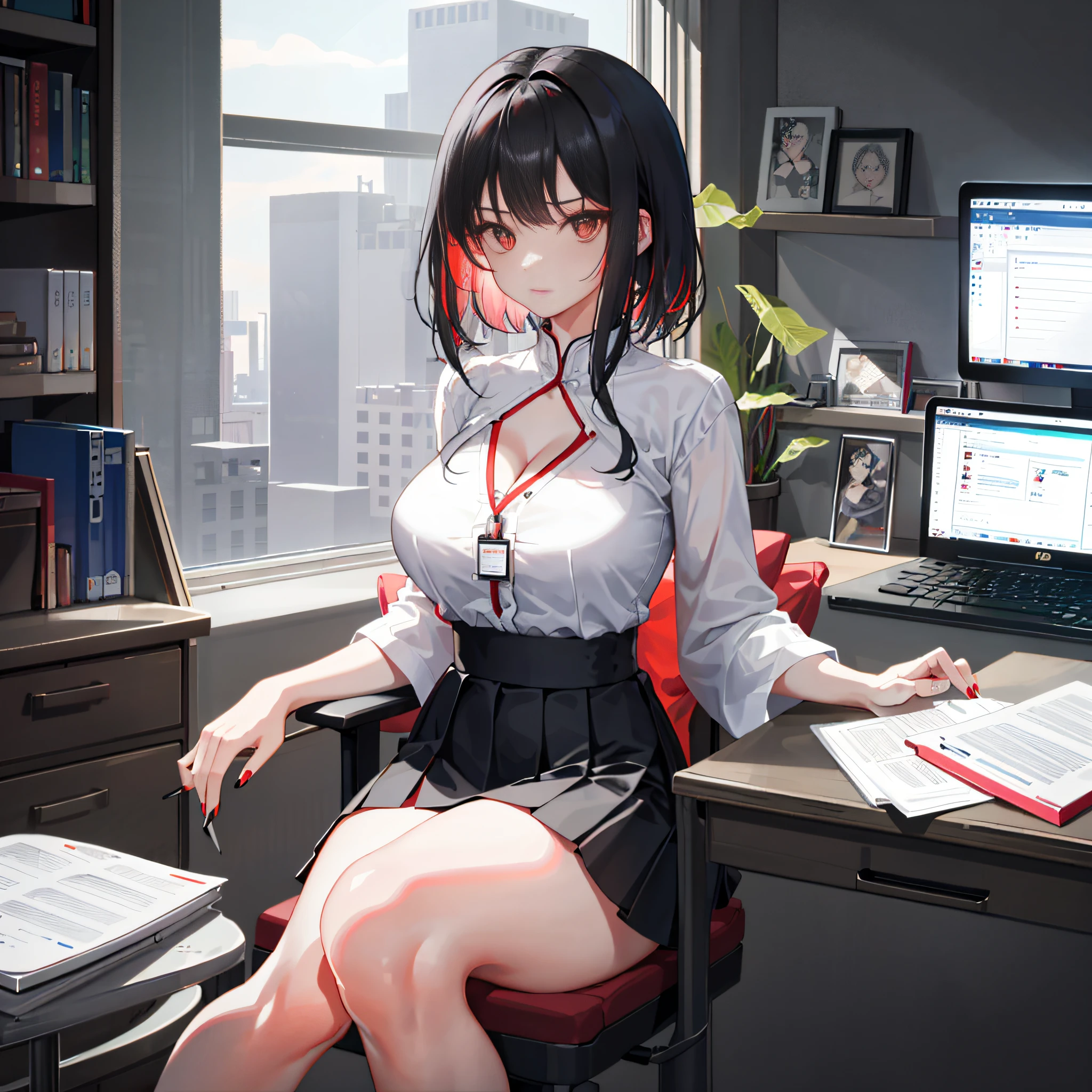 ningguangrnd， （1girll）， solo， （（white  shirt））， black thighhigns，Bigchest， nedium breasts，headband，Uniforms， office backdrop， a black skirt， pleatedskirt， office room， hair between eye， hair adornments，big cleavage breasts， long whitr hair， looking at viewert， silber hair， silver short nails， red eyes， solo， Thighs, Thighs， upper legs， short detailed hair， （（tmasterpiece））， Sat down， a chair， Study desk， Computer on the desk， name badge， ID tags， inside in room， Be red in the face， sexyposture，vibrant with colors