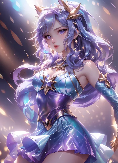 Clean and simple background,（Sing with a microphone：1.5），1girll， K/Da\（league of legend\）， 独奏， long whitr hair， short detailed h...