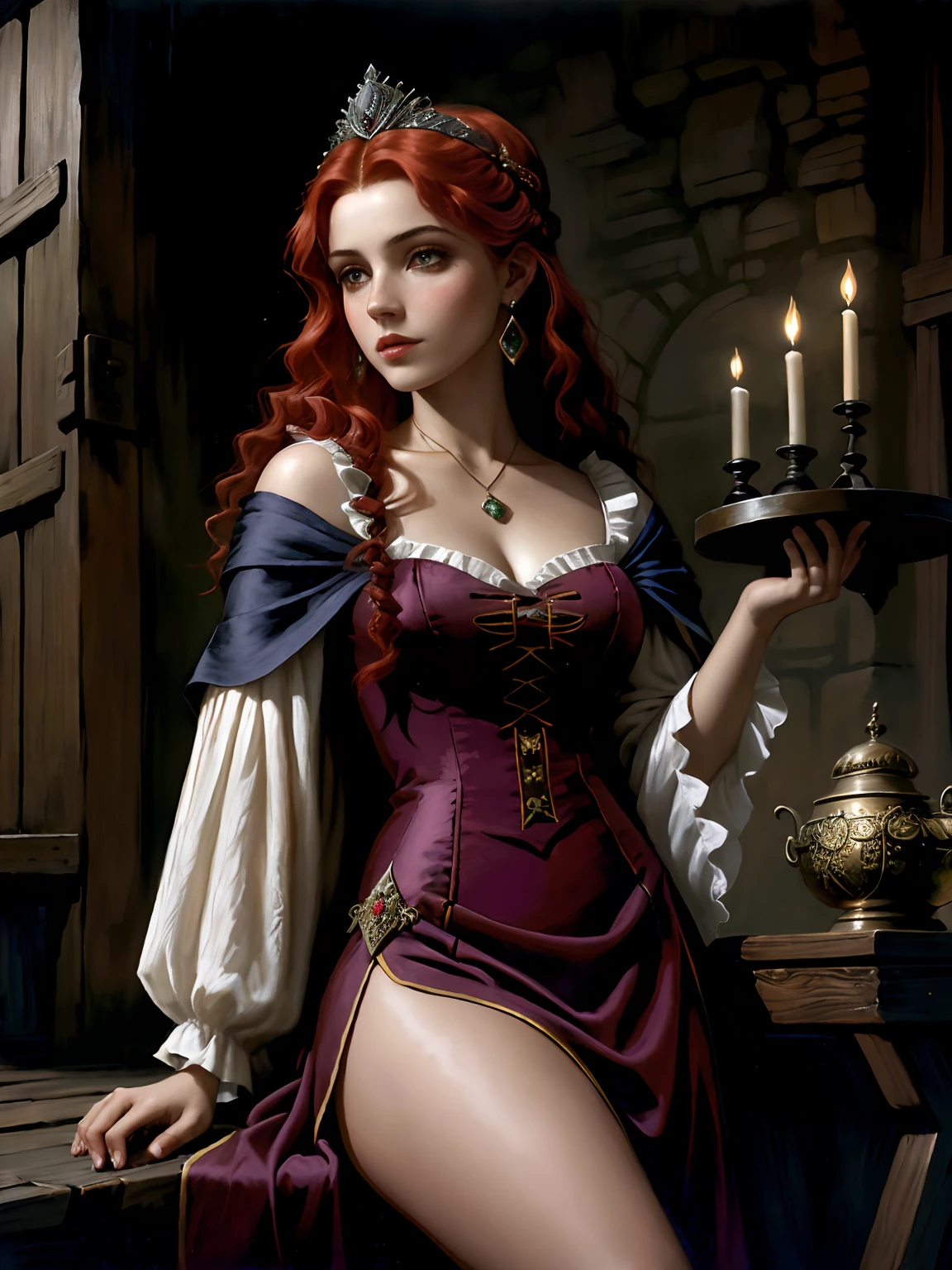 painting of a woman with red hair and a choke in a black dress, John Collier art style, maiden with copper hair, style of karol bak, a young redhead, portrait of a young witch, Non Bowater art style, Directed by: Roberto Lenkiewicz, brom gerald, Albert Lynch, portrait of princess merida, Dave Sim, Red-haired girl in a shadowy palace, black and purple velvet dress wearing a kokoshnic, black luxurious dress, head adornment, Lace choker, elegant and noble dress, sexly wearing a Russian kokoshnik on her head, Round face, majo, olhar malicioso, evil princess, jovem adulta sexly, voluptuous body, sexly, sultry body, woman with beautiful breasts, and shapely body