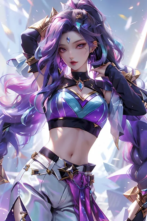 best quality, 1girl, solo, long hair, looking at viewer,  multicolored hair, earrings, detached sleeves, midriff, pants,  k/da \...