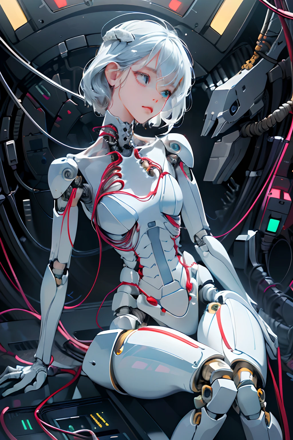 absurdres, highres, ultra detailed, 1girl, solo, extremely detailed eyes, (highly detailed CG illustration), ((an extremely delicate and beautiful)),(cute delicate face),cinematic light,((1mechanical girl)),full body,(machine made joints:1.4),((machanical limbs)),(blood vessels connected to tubes),((mechanical vertebra attaching to back)),((mechanical cervial attaching to neck)),((sitting)),expressionless,(wires and cables attaching to head and body:1.5),(character focus),science fiction