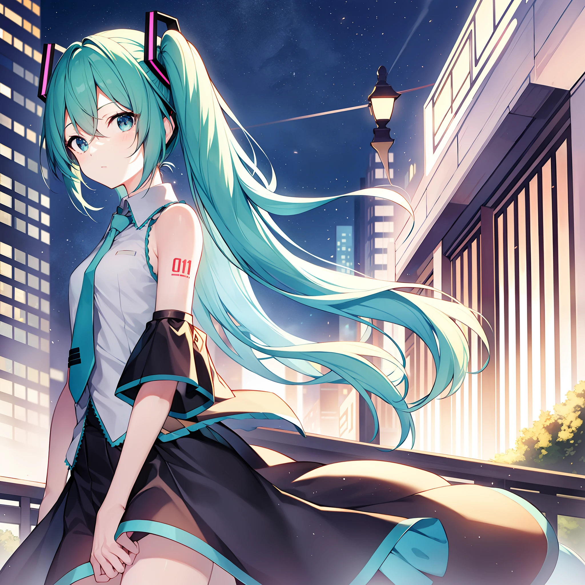 hatsune miku,{background night city},masterpiece,sleeveless shirt,necktie,solo,serious