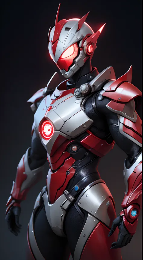 tmasterpiece，Best quality at best，A high resolution，realisticlying，The upper part of the body，
1boys，s Ultraman，Red five-pointed starry eyes，Pentagram color timer，looking at viewert，red colour，power armour，fully armoured，（semi transparent：1.4），（lewd poses：...
