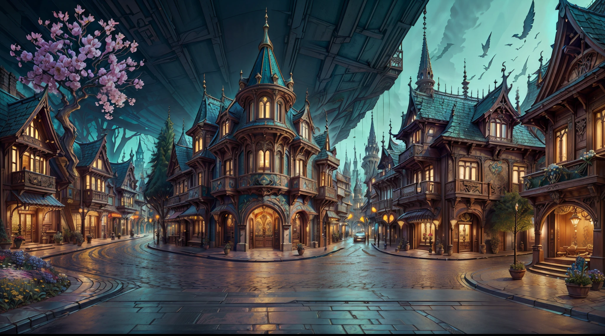 "picturesque town square, breathtaking architecture ((Art Nouveau style)), ((paved street)), charming, enchanting magical fantasy ambiance, (masterpiece), (best quality), (ultra-detailed) beautiful surroundings in the background, many flowers and trees, insanely detailed and intricate, hypermaximalist, elegant, ornate, hyper realistic, Cinematic Lighting, Side-View, scenery"