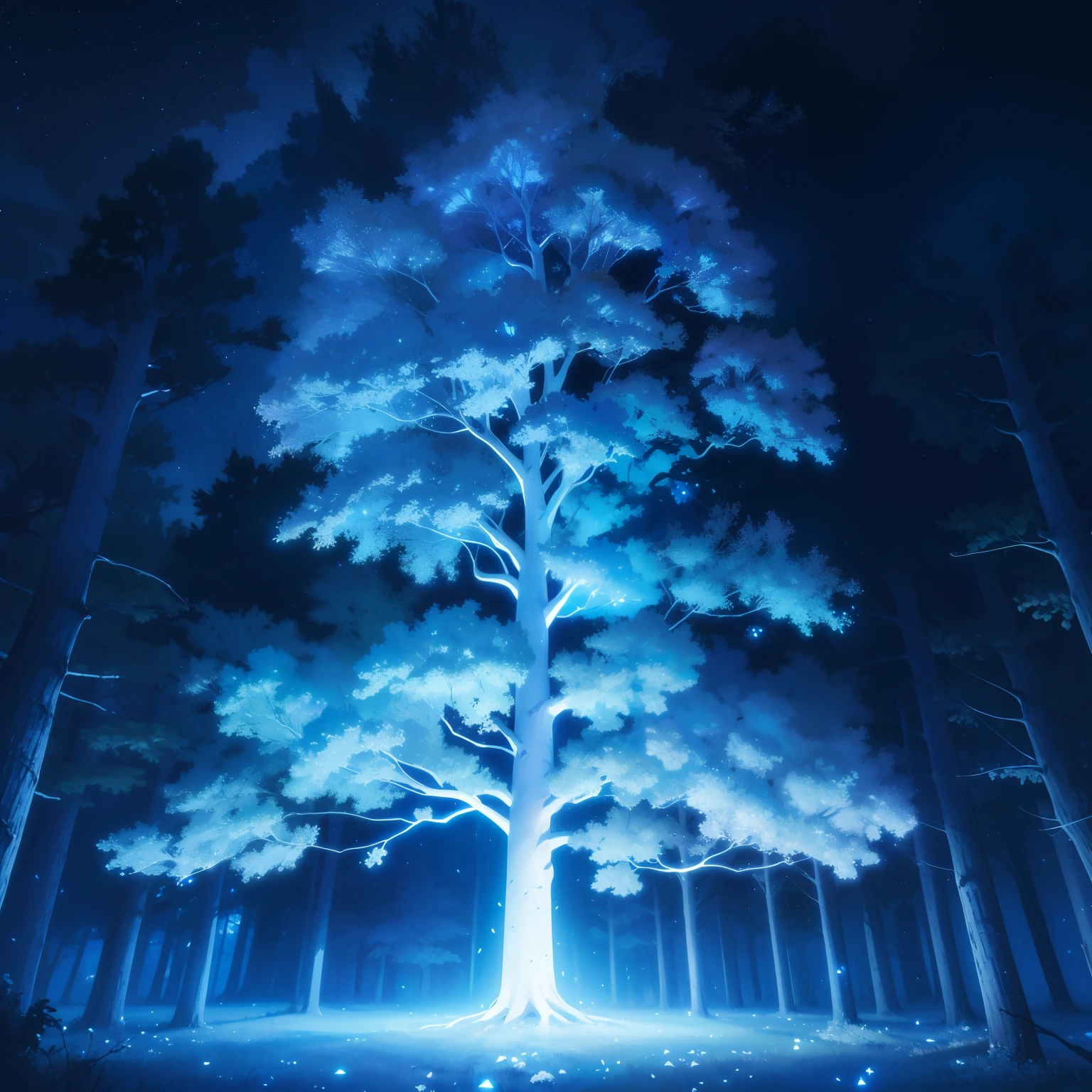 夜晚, 陰暗的天空, 發光樹, 大樹, 白色樹皮，帶有藍色發光紋理, 白色的葉子, 星星, 藍色調, 壁紙, 高品質, 輝光, 魔法