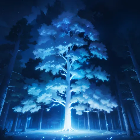 night, dark sky, luminous tree, giant tree, white bark with blue luminous veins, white leaves, stars, blue tones, wallpapers, hi...