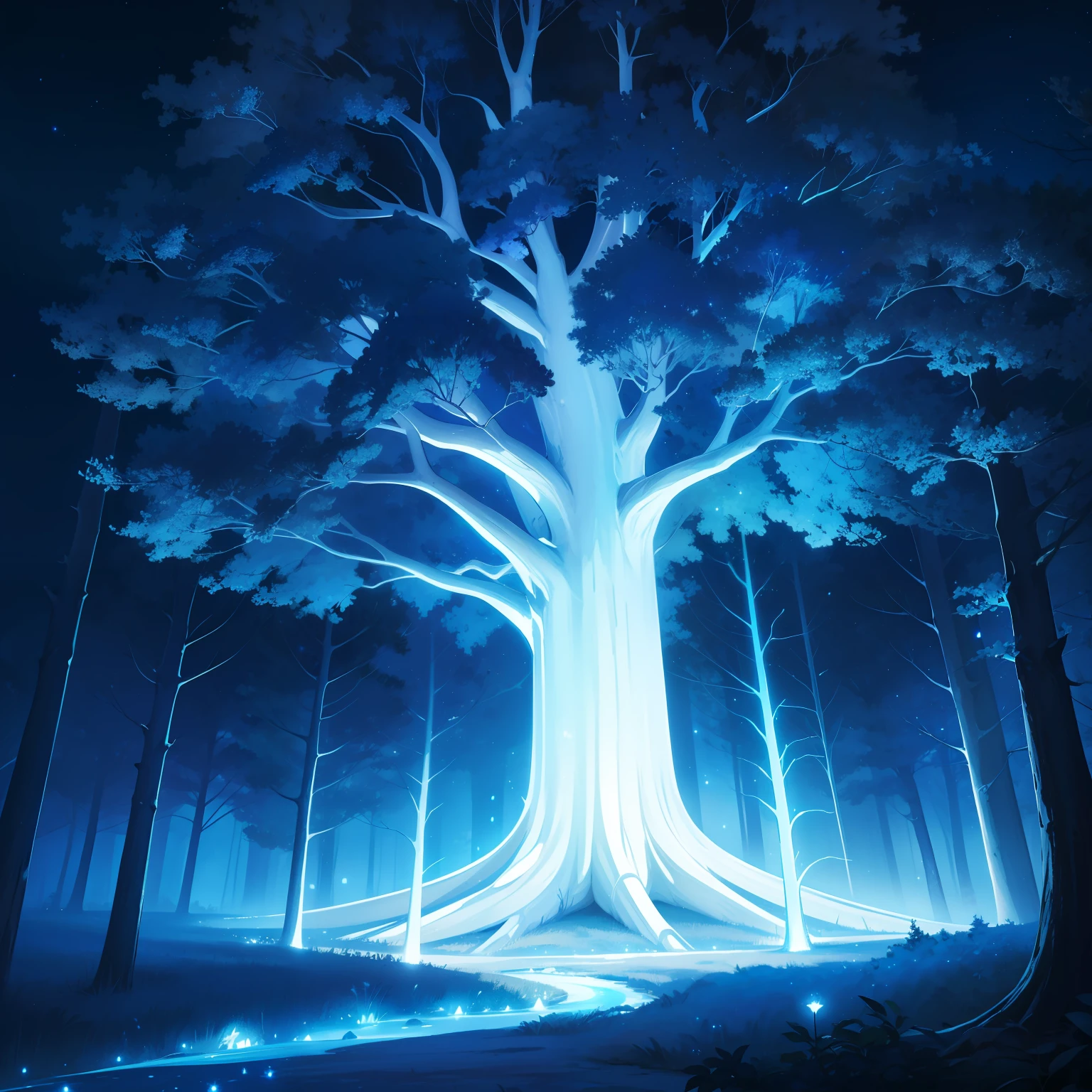 nuit, ciel sombre, arbre lumineux, arbre géant, écorce blanche avec des veines lumineuses bleues, Feuilles blanches, étoiles, tons bleus, fonds d&#39;écran, Haute qualité, briller, la magie