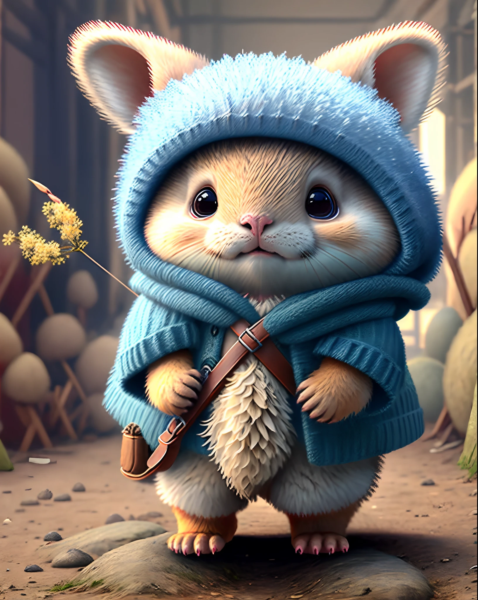 Top image quality、"Create cute creature masterpieces with inspired ultra-detailed concept art. Let your imagination come alive", （wombat）, high detailing, in 8K、Top image quality、Dressed as a hunter in medieval Europe、Carrying a bow and arrow and a bow holder on your back、