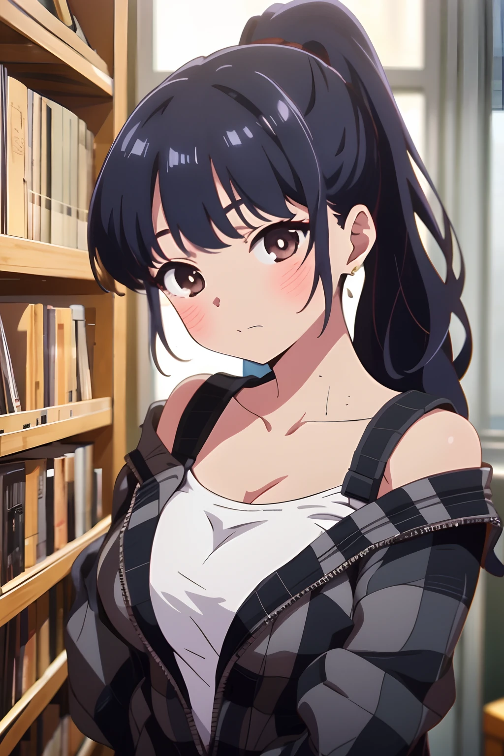 Anna yamada, school uniform, large breast, 1girl, ponytail, black hair, plaid, long hair, solo, brown eyes, blush, breasts, bangs, closed mouth, bare shoulders, highest quality, high resolution.