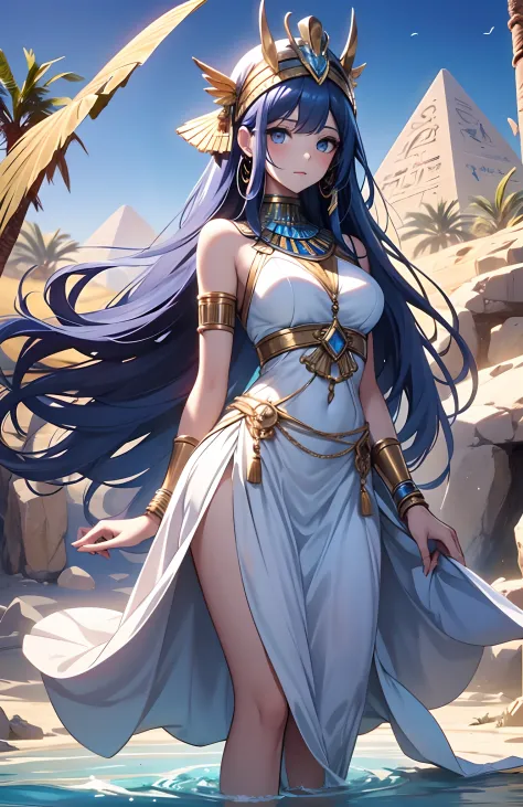 best qualityer，tmasterpiece，Ultimate resolution，downy，Extremely colorful，Colorful，Oasis background，Ancient Egyptian woman，Long azure hair，a matural female，Long white dress in Egyptian style，a white long skirt，Treading water，Desert oasis，Nile River，Normal p...