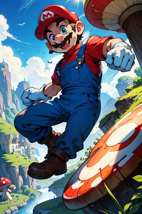 (masterpiece), (bestquality) supermario, blue overalls, red shirt, red cap, smiling, 1boy, short man, little man, short legs, sh...