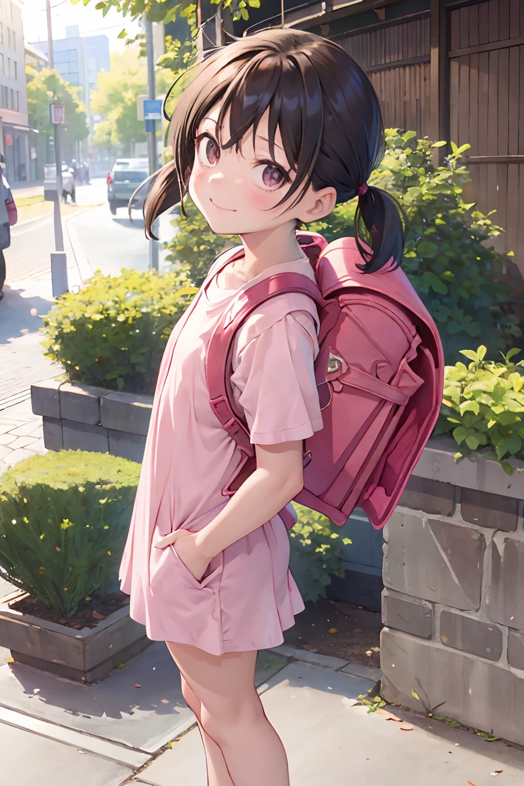 masterpiece, best quality, high resolution, extremely detailed, detailed background, cinematic lighting, 1girl, minamoto_shizuka, bangs, short twintails,pink shirt,, frown, city, street, looking at viewer, smile, full body, sunlight, dappled sunlight, day, outdoor, park, fullbody, wearing pink randoseru backpack, (randoseru backpack:1.0)