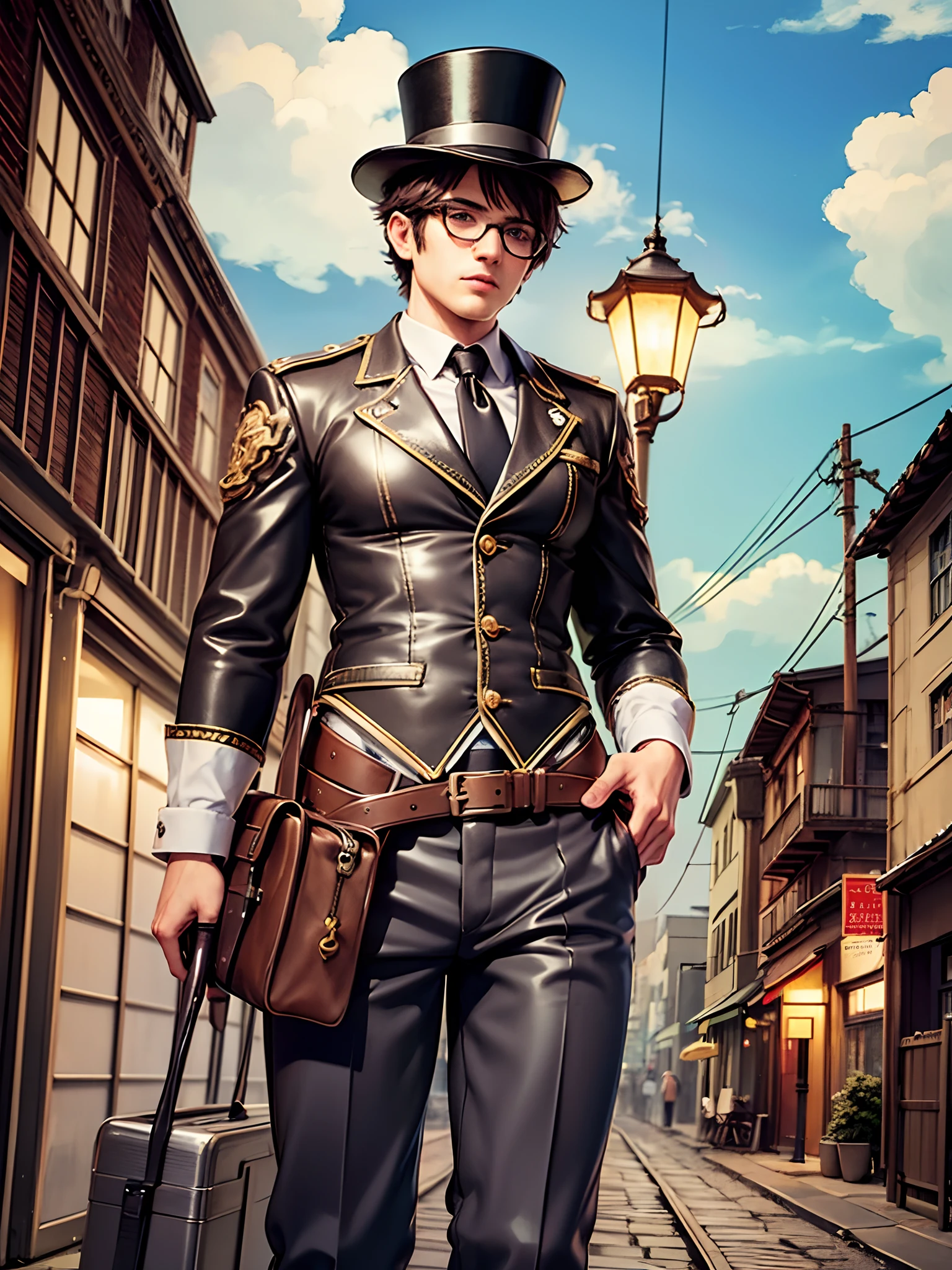 Un chef-d'œuvre d'art numérique sur ArtStation avec la meilleure qualité et des détails ultra-détaillés. Une illustration extrêmement délicate et magnifique avec un style unique et vibrant. Le protagoniste dans un style steampunk: Haute qualité, extrêmement détaillé, ambiance industrielle, engrenages, des tuyaux de cuivre, vitres teintées, lumières chaudes, ciel nuageux, , machine à vapeur, personnage principal habillé en costume d'époque, Lunettes d&#39;aviateur, chapeau haut de forme éclair, rue pavée, air vintage, nuages et une atmosphère crépusculaire. Tout cela capturé dans une composition large qui mélange l'apparence d'une peinture à l'aquarelle --auto --s2